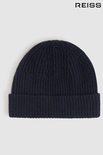 Reiss Navy Guernsey Cashmere Ribbed Beanie Hat (N37743) | £70