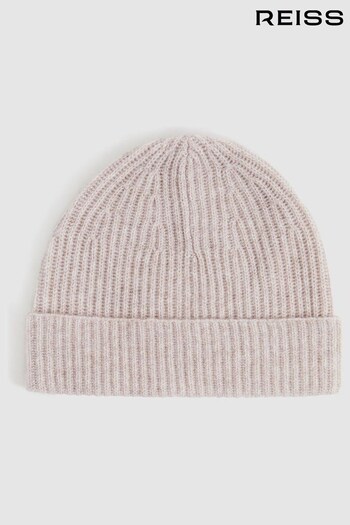 Reiss Oatmeal Melange Guernsey Cashmere Ribbed Beanie Hat (N37744) | £70