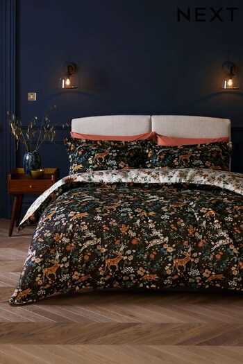 Black 200TC Sateen Cotton Reversible Winter Floral Stag Duvet Cover and Pillowcase Set (N37752) | £45 - £75