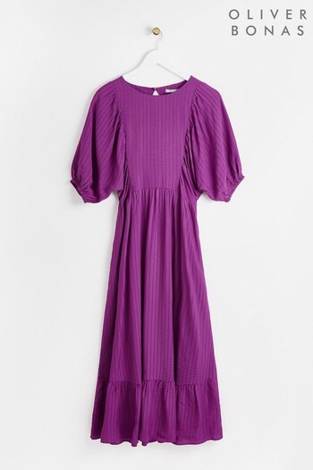Oliver Bonas Purple Puff Sleeve Purple Midi Dress (N37885) | £79.50