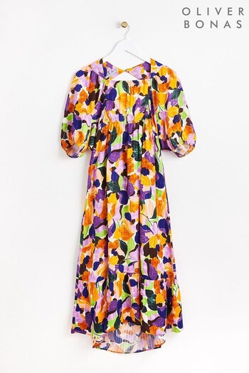 Oliver Bonas Orange Abstract Petal Floral Print Midi Dress (N37886) | £85