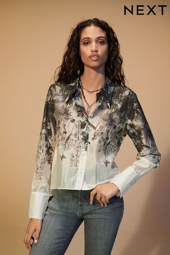 Monochrome Floral Placement Sheer Placement Print Long Sleeve Shirt (N37979) | £40