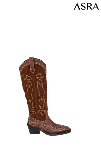 ASRA London Kaja Leather and Suede Mix Knee High Western Stitich Detail Brown Boots (N37992) | £160