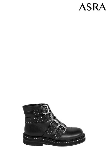 ASRA London Camellia Studed Buckle Leather Black Ankle Boots (N37997) | £130
