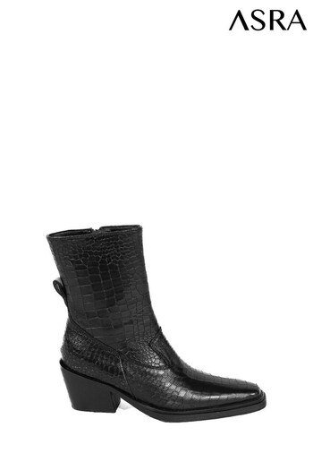 ASRA London Meadow Croc Effect Leather Ankle Western Black Boots (N38006) | £130
