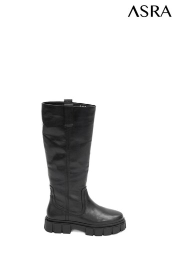 ASRA London Kiky Knee High Pull On Leather Black Boots With Chunky Sole (N38007) | £140
