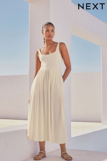 Cream Jersey Waisted Summer Dress (N38116) | £38