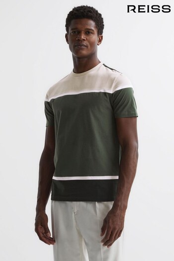 Reiss Green Multi Cannon Mercerised Cotton Colourblock T-Shirt (N38222) | £58