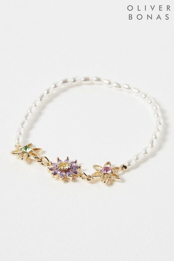 Oliver Bonas Natural Jada Flower & Faux Pearl Friendship Bracelet (N38238) | £22