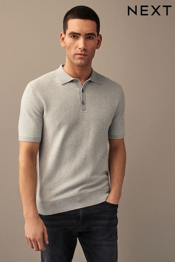 Grey Knitted Waffle Textured Regular Fit Tailles Polo Shirt (N38324) | £30