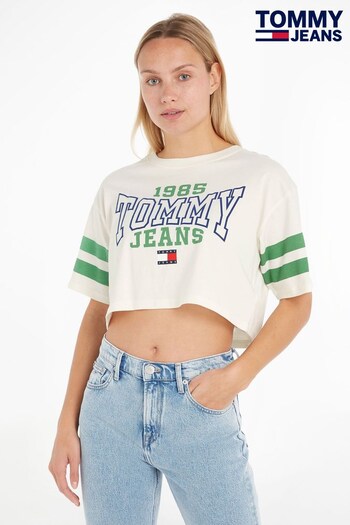 Tommy Jeans Oversized Fit College Logo Cropped White T-Shirt (N38513) | £35