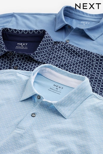 Blue Geo Print Jersey Madison Polo Shirts 3 Pack (N38636) | £44