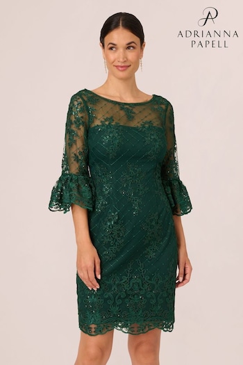 Adrianna Papell Green Embroidered Bell Sleeve Dress (N38951) | £179