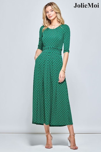 Jolie Moi Green Round Neck Sleeved Jersey Maxi Dress (N39084) | £85