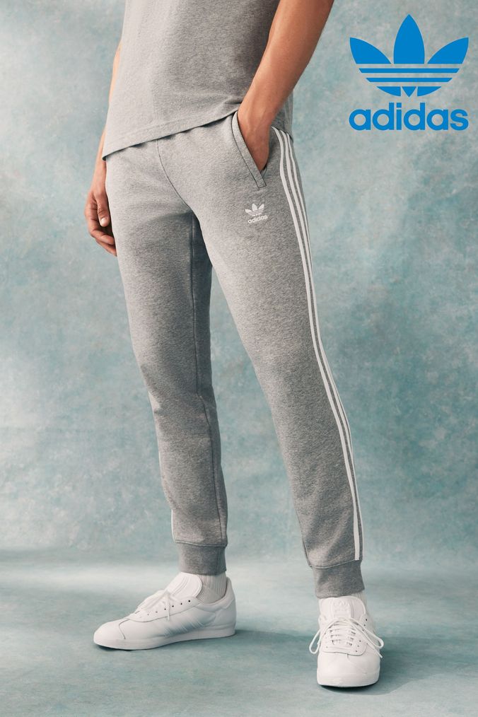 Adidas 3 hotsell stripe grey joggers