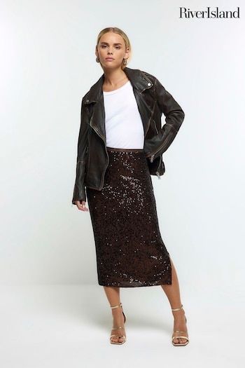 River Island Brown Petite Sequin Midi Skirt (N39226) | £40