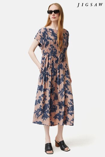Jigsaw Pink Ikat Posy Silk Ruched Dress (N39308) | £350