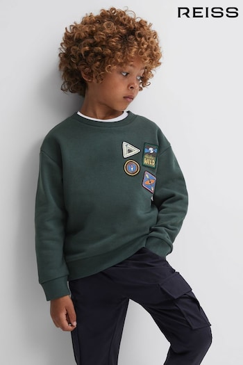 Reiss Forest Green Lucas Junior Relaxed Fit Patch Crew Neck Jumper (N39459) | £38