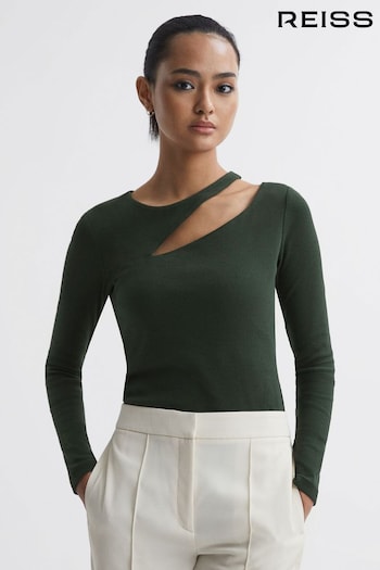 Reiss Green Myla Cotton Cut-Out Long Sleeve Top (N39465) | £68