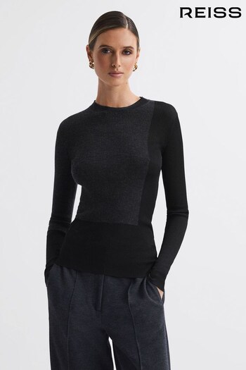 Reiss Black/Charcoal Jude Hybrid Wool-Silk Knit T-Shirt (N39474) | £48