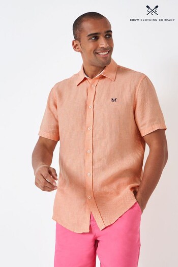 Crew Clothing Company Coral Orange Check Print Linen Classic Shirt (N39486) | £29