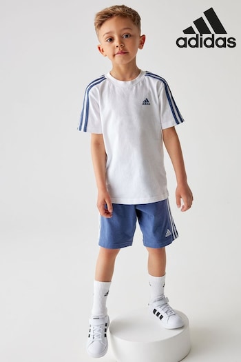 adidas White/Blue Sportswear Essentials 3-Stripes Tee And Shorts Set (N39928) | £25