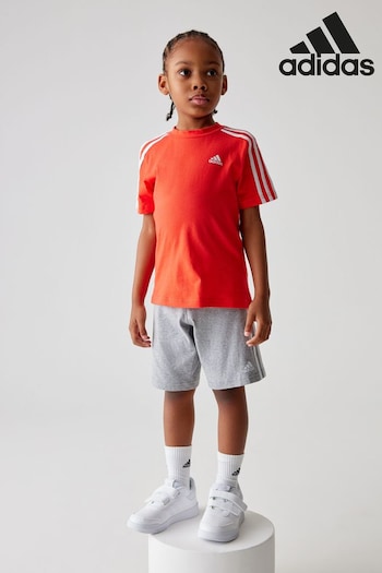 adidas Red/Grey Sportswear Essentials 3-Stripes Tee And Shorts Set (N39932) | £25