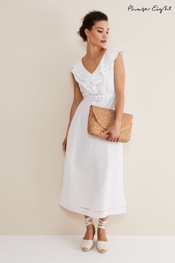 Phase Eight Julieta Frill Broderie Linen White Midi Dress (N40038) | £119