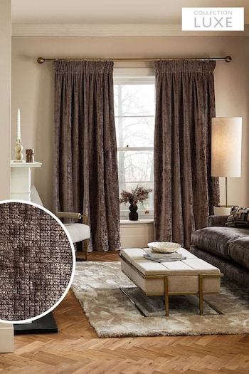 Mink Brown Collection Luxe Plush Chenille Pencil Pleat Lined Curtains (N40149) | £100 - £225