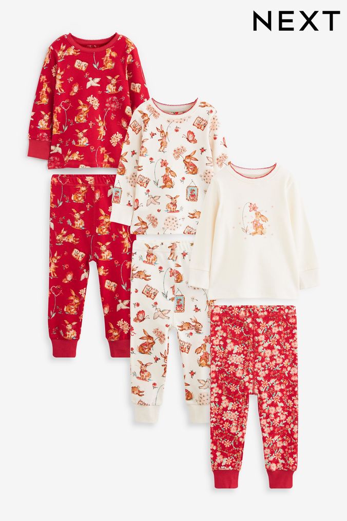 Red/Cream Bunny Pyjamas 3 Packs (9mths-12yrs) (N40166) | £27 - £36