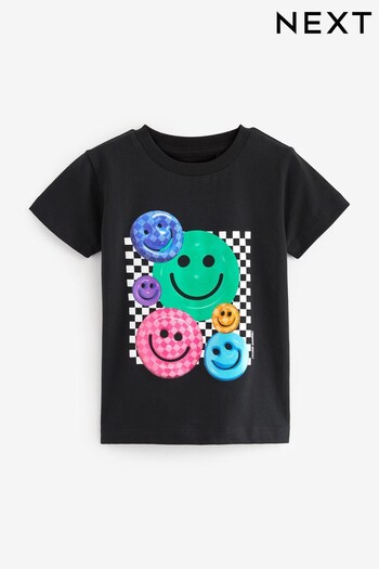 Black Checkerboard Smile Short Sleeve Character T-Shirt (3mths-7yrs) (N40183) | £6 - £8
