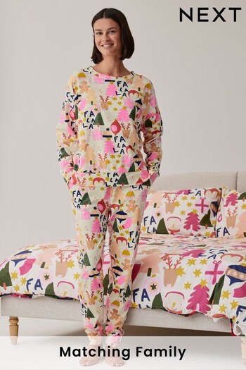 Cream Festive Matching Family Womens Christmas Cotton Long Sleeve Pyjamas (N40270) | £28