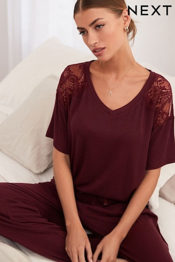 Berry Red Short Sleeve Lace Pyjamas (N40277) | £36