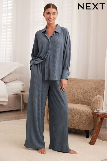 Blue Plissé Button Through Pyjamas (N40296) | £39