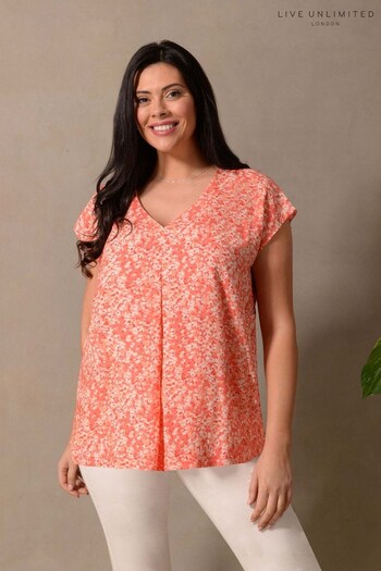 Live Unlimited Curve Coral Orange Ditsy Print Woven Pleat Top (N40331) | £39