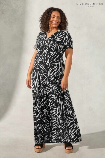 Live Unlimited Curve Mono Zebra Print Jersey Wrap Maxi Black Dress (N40334) | £55