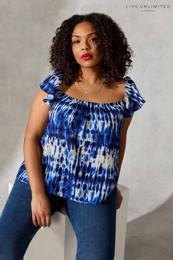Live Unlimited Curve Navy Blue Tie Dye Frill Sleeve Sun Top (N40345) | £55