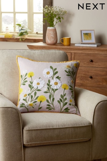 Ochre Yellow 50 x 50cm Ribbon Embellished Daisy Cushion (N40511) | £18