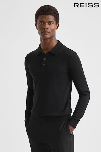 Reiss Black Trafford Merino Wool Polo Shirt (N40591) | £98