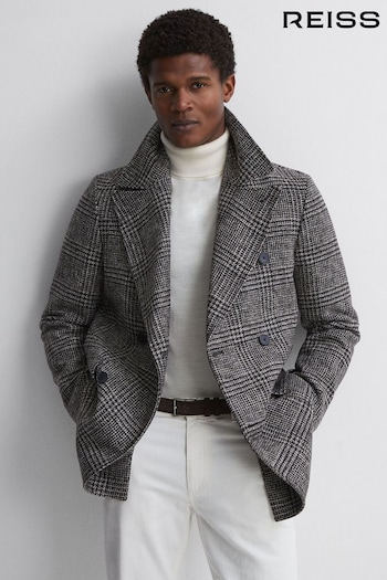Reiss Black/Brown Brag Wool Double Breasted Check Coat (N40594) | £348