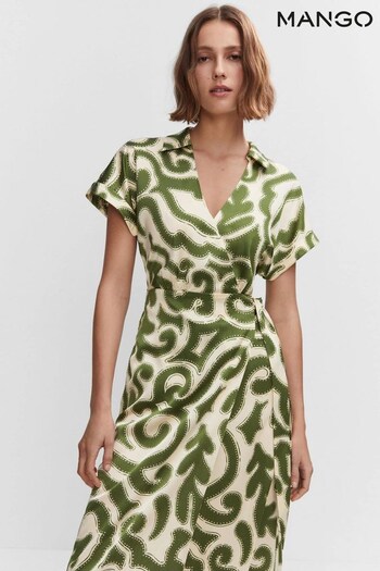 Mango Green Print Wrap Dress (N40634) | £25
