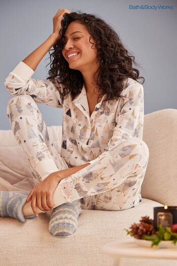 Womens Christmas Nightwear Cream Christmas House Print Waffle Pyjamas (N40764) | £42