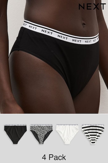 Black/White Printed High Rise High Leg Cotton Rich Logo Knickers 4 Pack (N40826) | £19