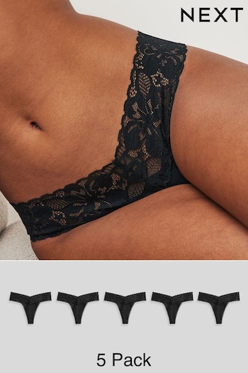 Black Thong Floral Lace Knickers 5 Pack (N40830) | £22