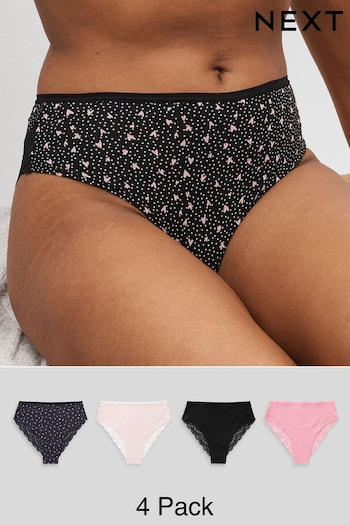 Black/Pink Heart Print High Rise High Leg Cotton and Lace Knickers 4 Pack (N40837) | £19