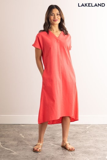 Lakeland Clothing gathered Pink Esther Short Sleeve Linen Blend Midi Dress (N41115) | £45