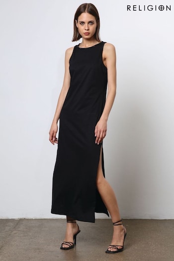 Religion Black Fitted Halter Neck Beaded Jersey Maxi Dress (N41165) | £60