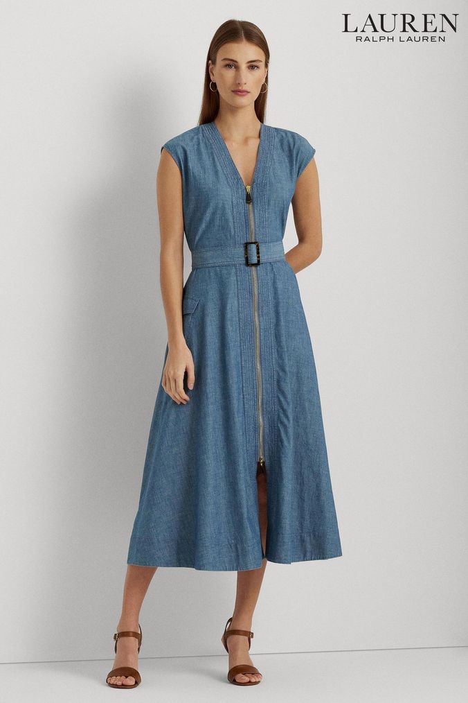 Lauren Ralph Lauren Blue Denim Belted Cap Sleeve Dress (N41192) | £299