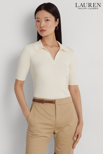 Lauren Ralph Lauren Cream Rib Knit Cotton Blend Polo Shirt (N41198) | £139