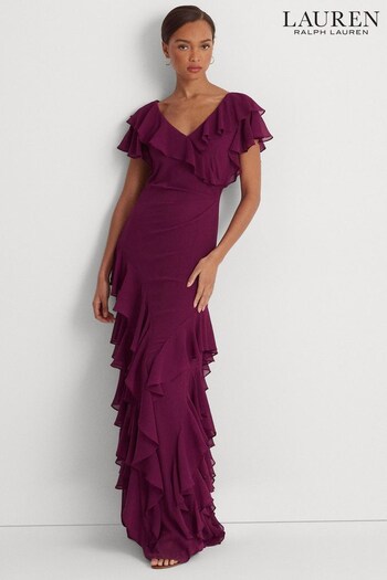 Lauren Ralph Lauren Red Ruffle Trim Crinkle Georgette Gown (N41240) | £369